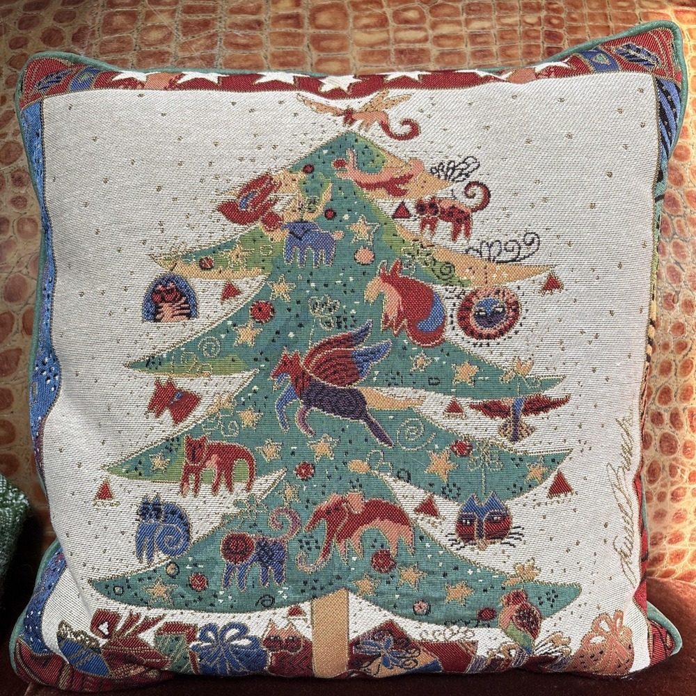 Laurel Burch Christmas Cat Tapestry Throw Pillow 18" Sq. Green Ultra Suede Back